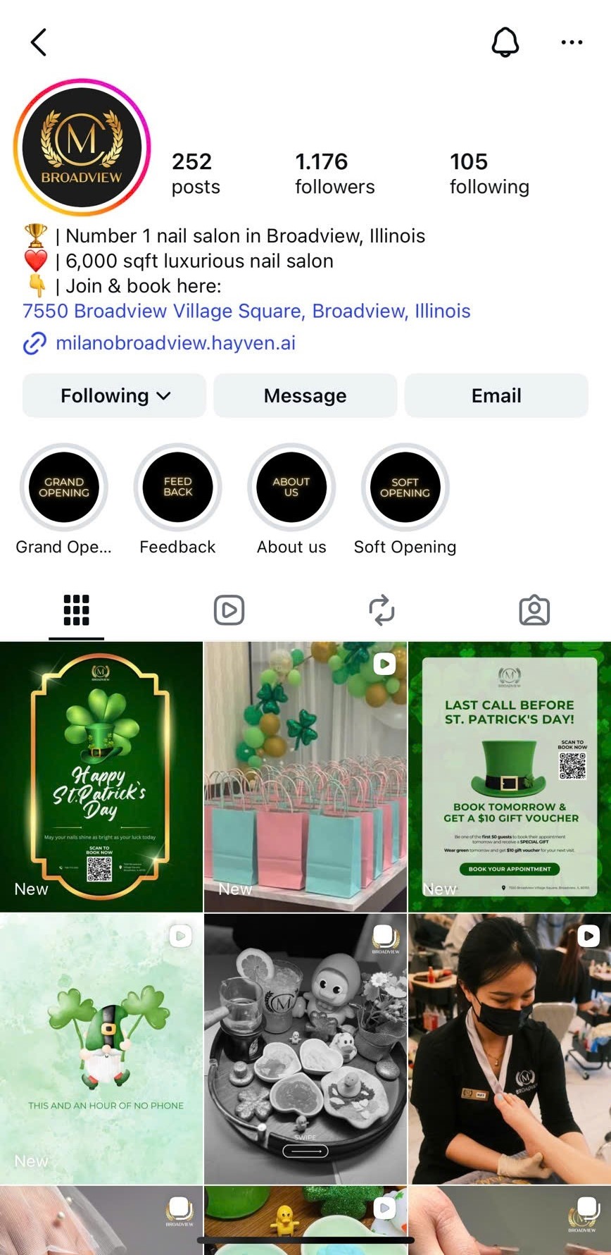 Milano Nail Spa Broadview Instagram feed design